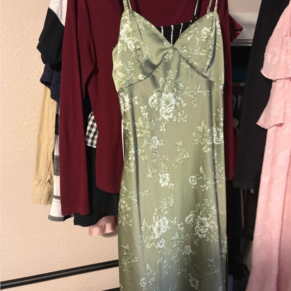 Satin Floral Slip Dress in Sage Green